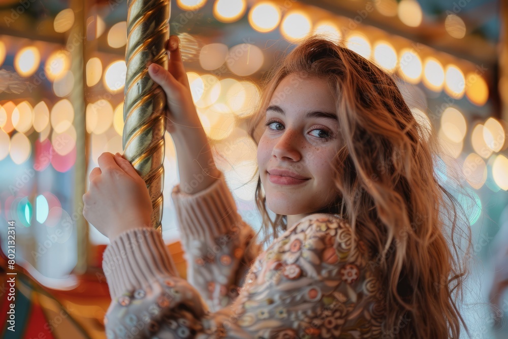 A young girl reaching for the brass ring while riding a carousel on a merry go round