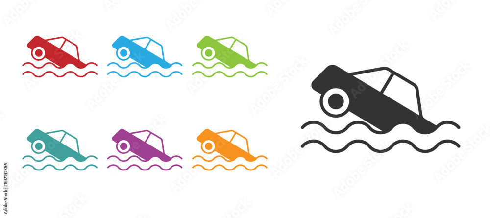 Black Flood car icon isolated on white background. Insurance concept. Flood disaster concept. Security, safety, protection, protect concept. Set icons colorful. Vector