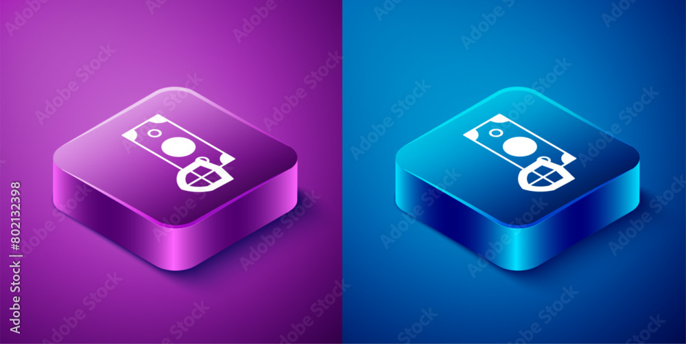 Isometric Money with shield icon isolated on blue and purple background. Insurance concept. Security, safety, protection, protect concept. Square button. Vector Isometric Money with shield icon isolated on blue and purple background. Insurance concept. Security, safety, protection, protect concept. Square button. Vector