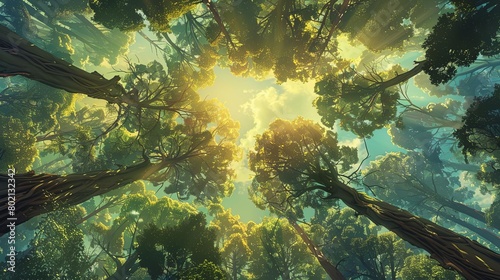 The lush canopy of a dense forest  seen from below. Sunlight filters through the leaves  creating a dappled pattern on the ground.