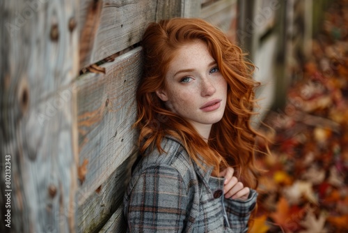 A woman with red hair wearing a stylish autumn outfit, leaning against a wooden wall