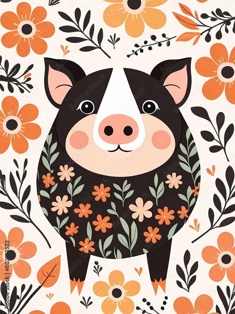 Floral Cute Baby Pig Nursery Generative AI Illustration Floral Cute Baby Pig Nursery Generative AI Illustration