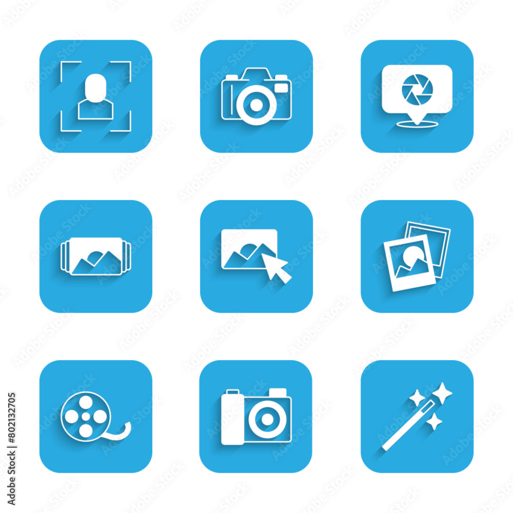 Set Photo retouching, camera, frame, Film reel, Camera shutter and focus line icon. Vector Set Photo retouching, camera, frame, Film reel, Camera shutter and focus line icon. Vector