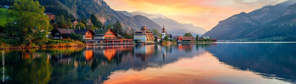 Alpine homes by lake with reflection sunset colors