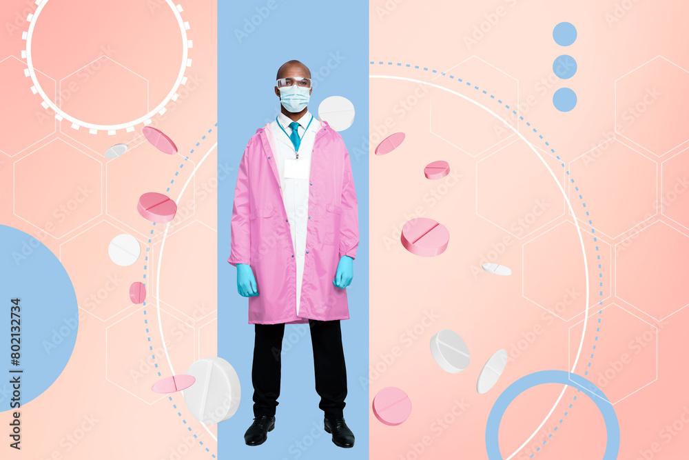 Obraz premium Composite photo collage of serious american doctor wear protection gloves mask mask glasses covid prevention isolated on painted background