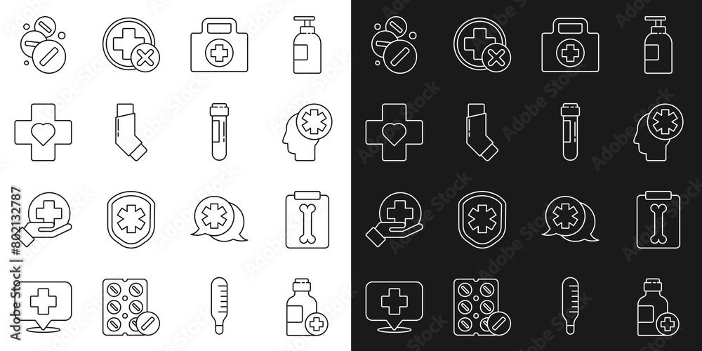 Set line Bottle of medicine syrup, X-ray shots, Male head with hospital, First aid kit, Inhaler, Heart cross, Medicine pill or tablet and Test tube blood icon. Vector