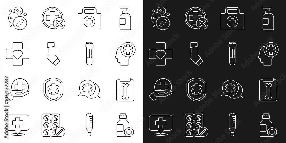 Set line Bottle of medicine syrup, X-ray shots, Male head with hospital, First aid kit, Inhaler, Heart cross, Medicine pill or tablet and Test tube blood icon. Vector Set line Bottle of medicine syrup, X-ray shots, Male head with hospital, First aid kit, Inhaler, Heart cross, Medicine pill or tablet and Test tube blood icon. Vector