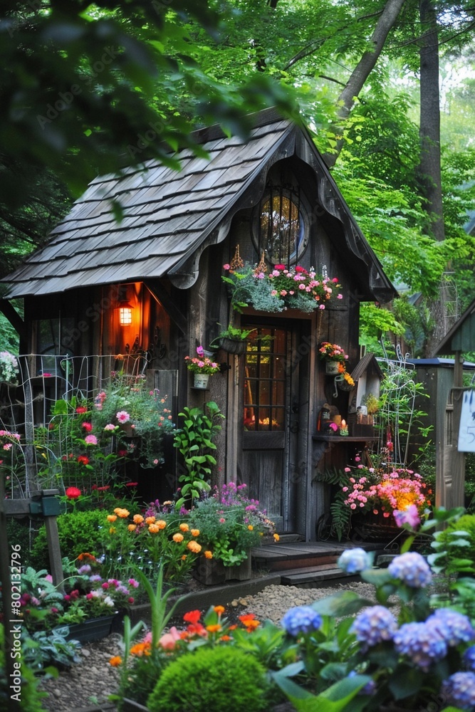 Charming garden shed surrounded by lush flowers Charming garden shed surrounded by lush flowers