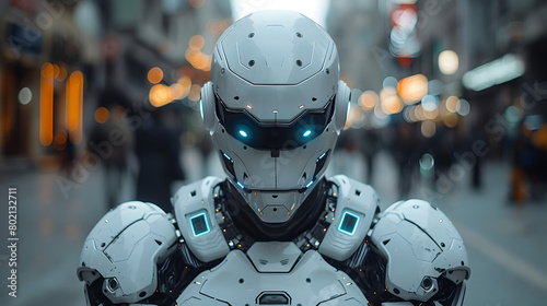 Robotic Armored Figure Symbolizing Immunity Against Viral Threats in Vibrant Urban Nightscape photo