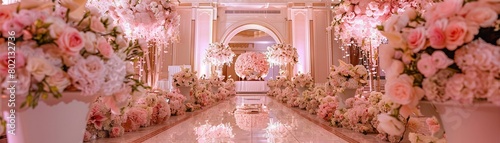 An elegant hall is lavishly decorated with lush pink flower arrangements