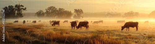 Cattle grazing in a misty morning field