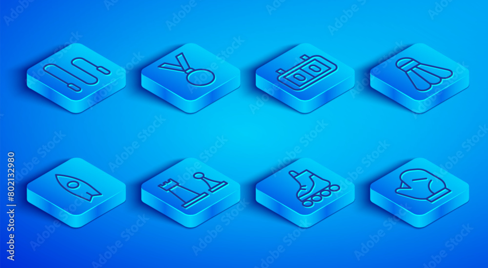 Set line Jump rope, Medal, Sport mechanical scoreboard, Chess, Roller skate, Badminton shuttlecock, Surfboard and Baseball glove icon. Vector Set line Jump rope, Medal, Sport mechanical scoreboard, Chess, Roller skate, Badminton shuttlecock, Surfboard and Baseball glove icon. Vector
