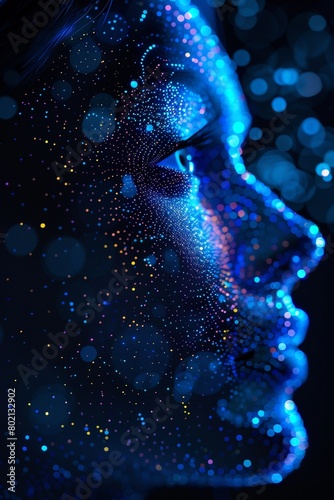 Digital human face profile composed of glowing blue dots futuristic AI concept