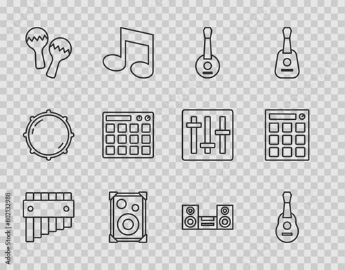 Set line Pan flute, Guitar, Banjo, Stereo speaker, Maracas, Drum machine, Home stereo and icon. Vector