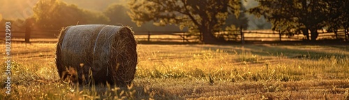 Hay bale in field dawn light photo