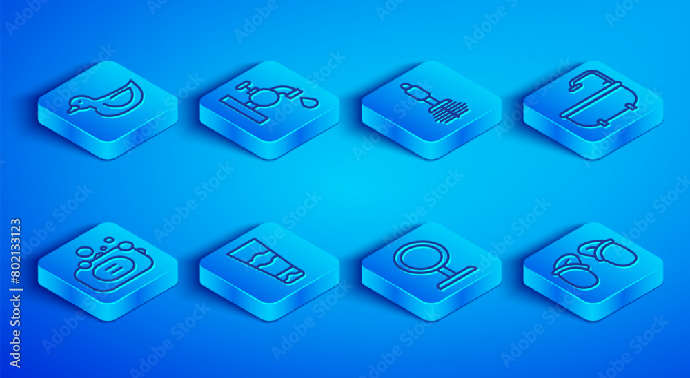 Set line Rubber duck, Water tap, Toilet brush, Tube of toothpaste, Round makeup mirror, Bathtub, Bar soap and Flip flops icon. Vector Set line Rubber duck, Water tap, Toilet brush, Tube of toothpaste, Round makeup mirror, Bathtub, Bar soap and Flip flops icon. Vector
