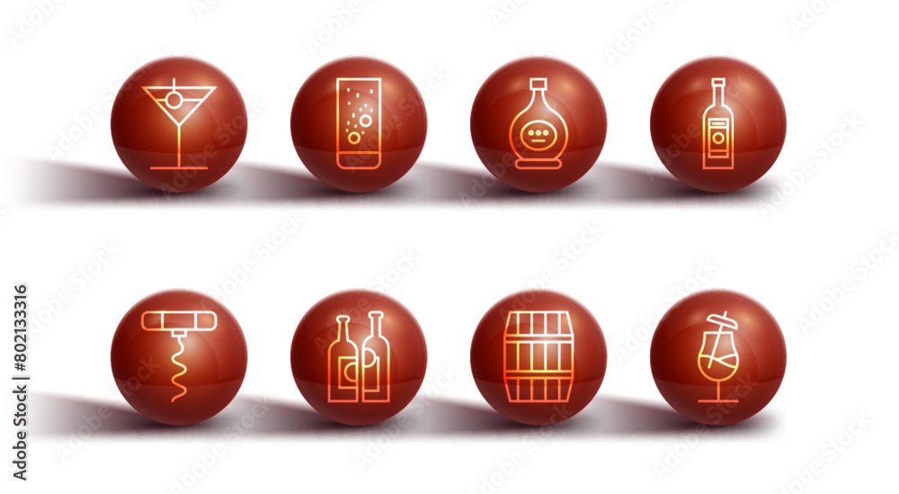 Set line Martini glass, Wine corkscrew, Glass bottle of vodka, Wooden barrel, Bottles wine, Effervescent tablets water, Cocktail and cognac brandy icon. Vector Set line Martini glass, Wine corkscrew, Glass bottle of vodka, Wooden barrel, Bottles wine, Effervescent tablets water, Cocktail and cognac brandy icon. Vector