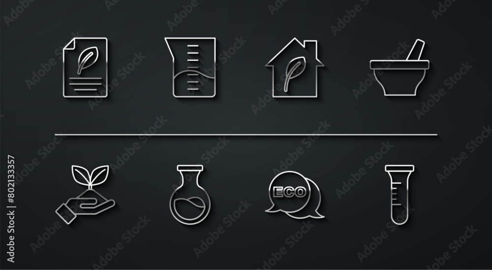 Set line Eco paper with leaf, Plant in hand, Mortar pestle, Label for eco healthy food, Test tube flask, Laboratory glassware beaker, and friendly house icon. Vector Set line Eco paper with leaf, Plant in hand, Mortar pestle, Label for eco healthy food, Test tube flask, Laboratory glassware beaker, and friendly house icon. Vector