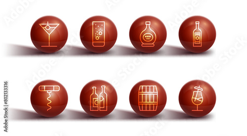 Set line Martini glass, Wine corkscrew, Glass bottle of vodka, Wooden barrel, Bottles wine, Effervescent tablets water, Cocktail and cognac brandy icon. Vector