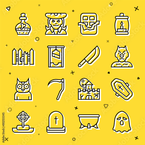 Set line Ghost, Coffin with cross, Krampus, heck, Chocolate bar, Guillotine, Garden fence wooden, Bottle potion and Knife icon. Vector