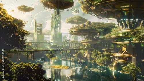 A lush and verdant city of the future where nature and technology coexist in harmony