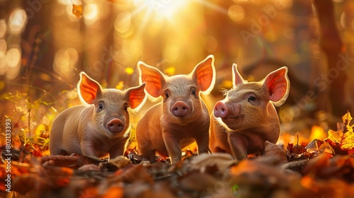 Trio of piglets in autumn sunshine golden light