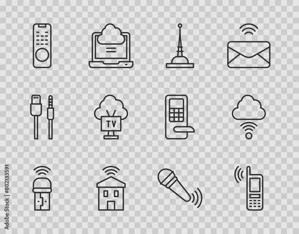 Set line Usb wireless adapter, Mobile with wi-fi, Antenna, Smart home, Remote control, Tv, Wireless microphone and Network cloud connection icon. Vector Set line Usb wireless adapter, Mobile with wi-fi, Antenna, Smart home, Remote control, Tv, Wireless microphone and Network cloud connection icon. Vector