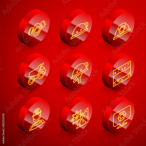Set line Gas mask, Miner helmet, Mining dump truck, Gold mine, and Bucket wheel excavator icon. Vector