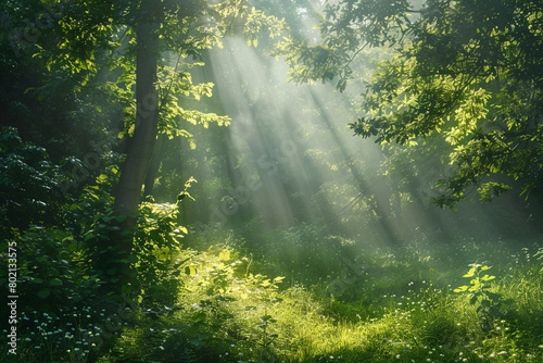 Rays of sunlight creating a magical atmosphere in a dense forest clearing.