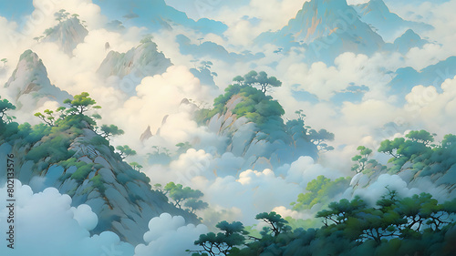 Chinese mythological mountain cloud background