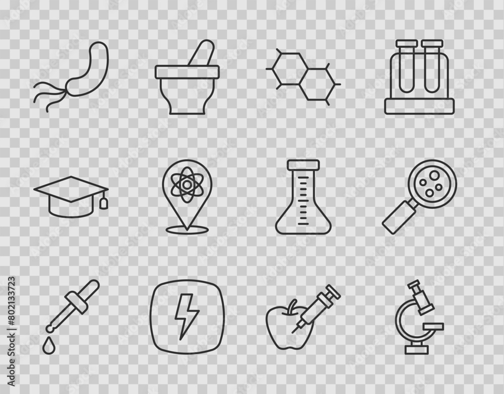 Set line Pipette, Microscope, Chemical formula, Lightning bolt, Bacteria, Atom, Genetically modified apple and Microorganisms under magnifier icon. Vector Set line Pipette, Microscope, Chemical formula, Lightning bolt, Bacteria, Atom, Genetically modified apple and Microorganisms under magnifier icon. Vector