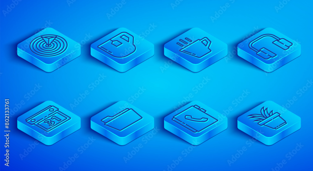 Set line Target sport, Cup of tea with tea bag, Coffee cup, Document folder, Address book, Headphones, Calendar and Plant in pot icon. Vector Set line Target sport, Cup of tea with tea bag, Coffee cup, Document folder, Address book, Headphones, Calendar and Plant in pot icon. Vector