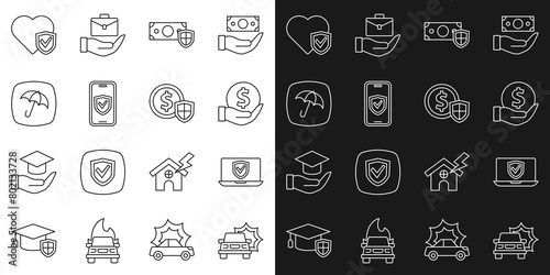 Set line Car accident, Insurance online, Money with shield, Umbrella, Life insurance and icon. Vector