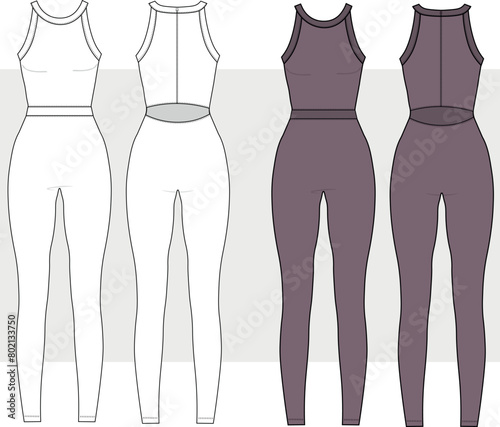 Women sports sleeveless full Bodysuit shorts pants active wear design flat sketch fashion Illustration, Bodycon jumpsuit active wear. women full body  swimsuit - sport wear technical drawing.