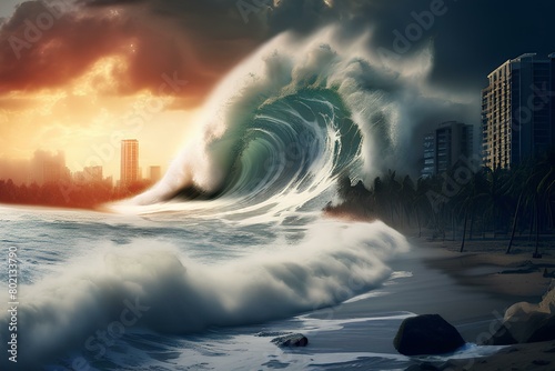 Giant Tsunami wave arriving on the shore of a city. photo