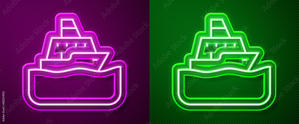 Glowing neon line Cruise ship icon isolated on purple and green background. Travel tourism nautical transport. Voyage passenger ship, cruise liner. Worldwide cruise. Vector Glowing neon line Cruise ship icon isolated on purple and green background. Travel tourism nautical transport. Voyage passenger ship, cruise liner. Worldwide cruise. Vector