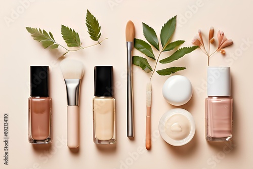 Artfully arranged creamy cosmetics on a neutral beige backdrop. photo