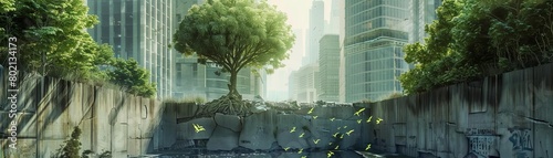 A lone tree stands tall amidst the ruins of a city, its branches reaching towards the sky as if in search of hope photo