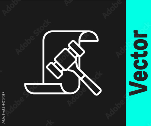 White line Auction hammer icon isolated on black background. Gavel - hammer of judge or auctioneer. Bidding process, deal done. Auction bidding. Vector