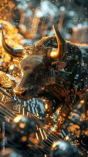 3D bull in a landscape of soaring digital currency graphs. photo