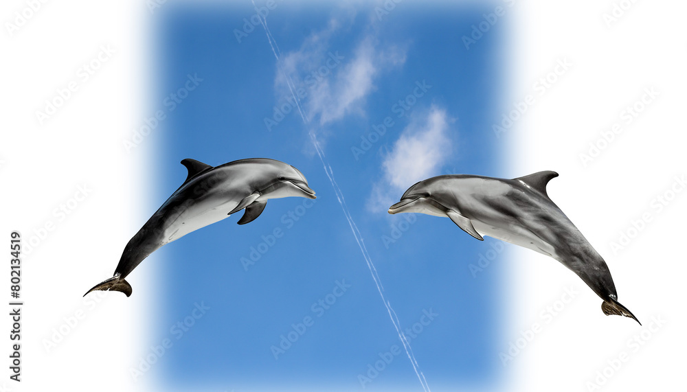 2頭のイルカがジャンプしているイメージ、コピースペース、