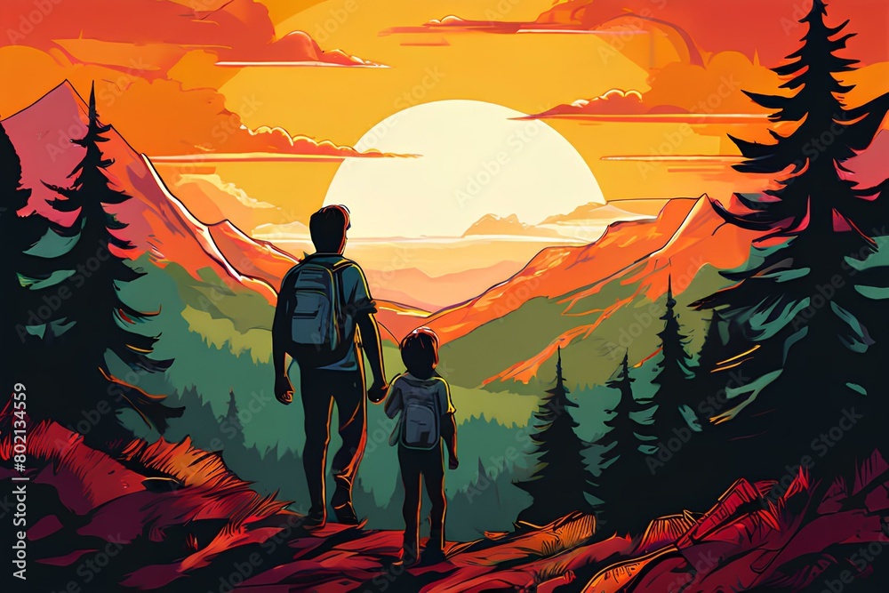 Fototapeta premium Family hiking in forest looking at the mountain view in the style of pop art-inspired visual.