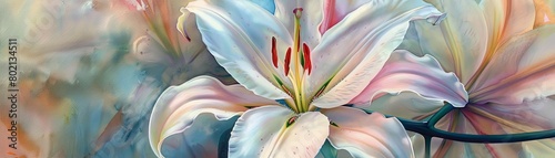 An ethereal watercolor painting of a white lily. The petals are soft and delicate, and the colors are vibrant and lifelike. The painting has a sense of peace and tranquility.
