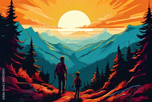 Family hiking in forest looking at the mountain view in the style of pop art-inspired visual.