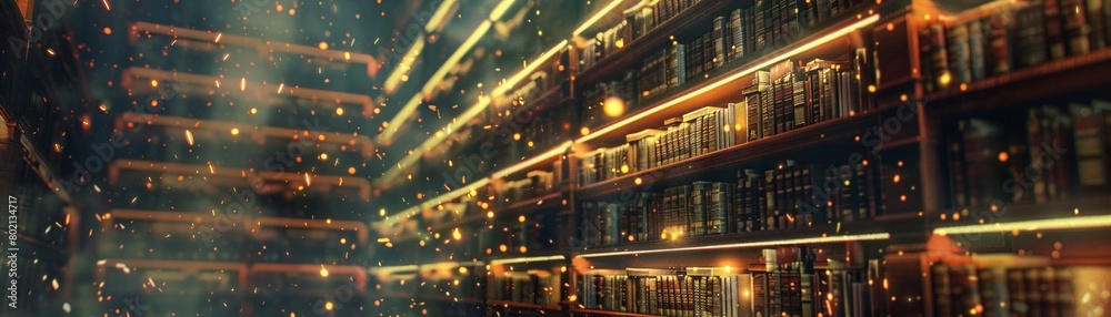 3D illustration of a magical library, bookshelves alive with glowing books.