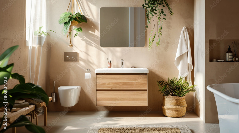 Fototapeta premium A bathroom with a white sink and a toilet. The sink is in front of a mirror. There is a potted plant in the bathroom