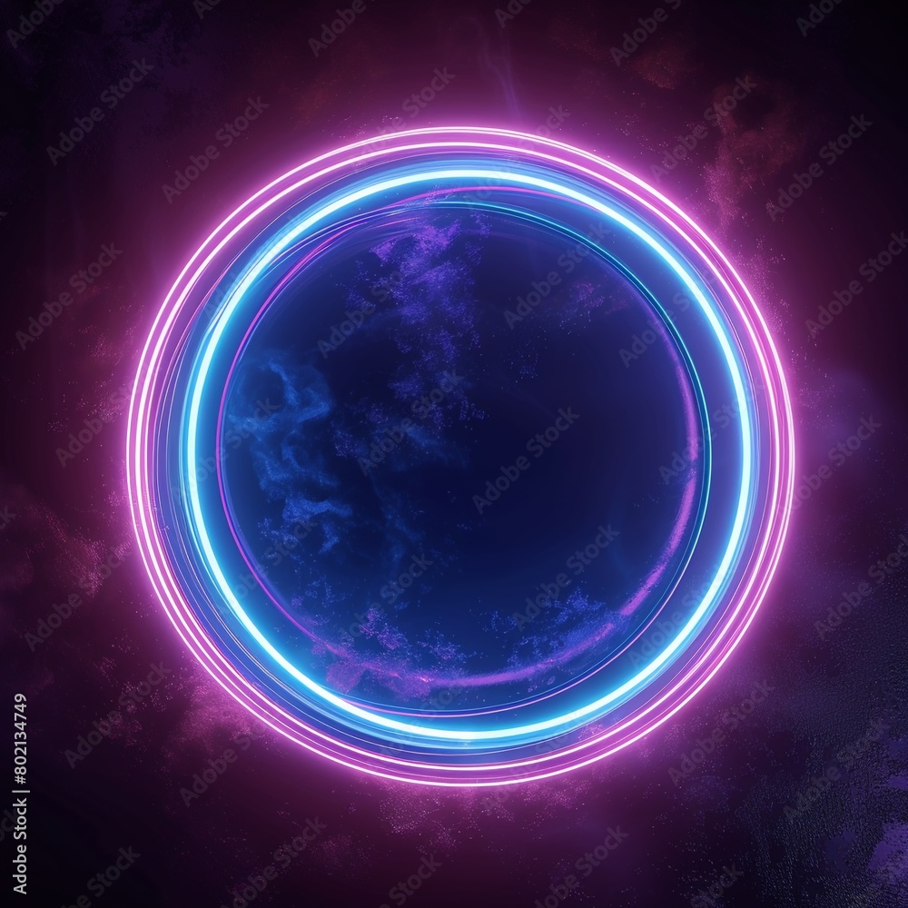 Fototapeta premium 3D illustration of a pulsating neon circle at the center, dark background.