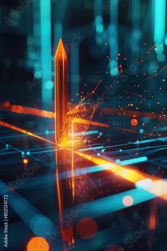 3D illustration of a rising graph with a bullet arrow, piercing through a technical blue backdrop. photo
