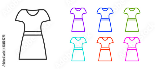 Black line Woman dress icon isolated on white background. Clothes sign. Set icons colorful. Vector