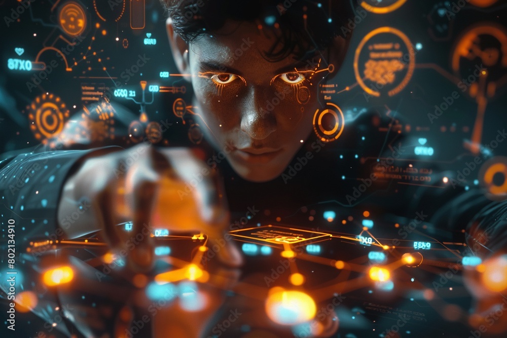 3D image of a businessman with technology service icons, managing customer relationships. 3D image of a businessman with technology service icons, managing customer relationships.